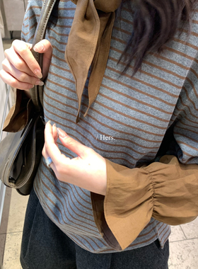 Hers秋上新简约复古学院感假两件设计条纹polo长袖T恤92324