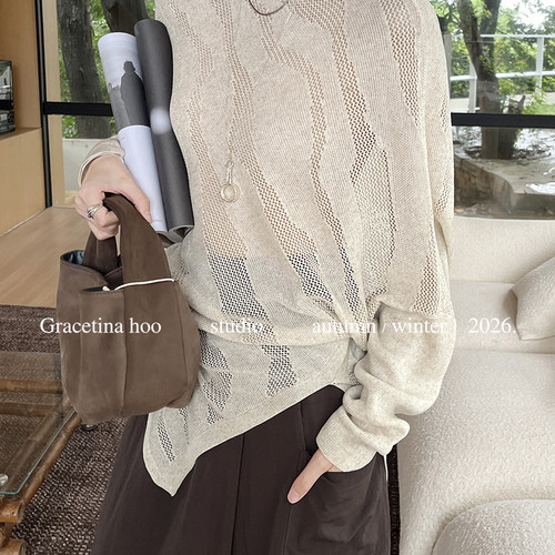 GRACETINA HOO-26年秋上新天丝亚麻肌理松弛百搭斜肩针织衫ZA3284