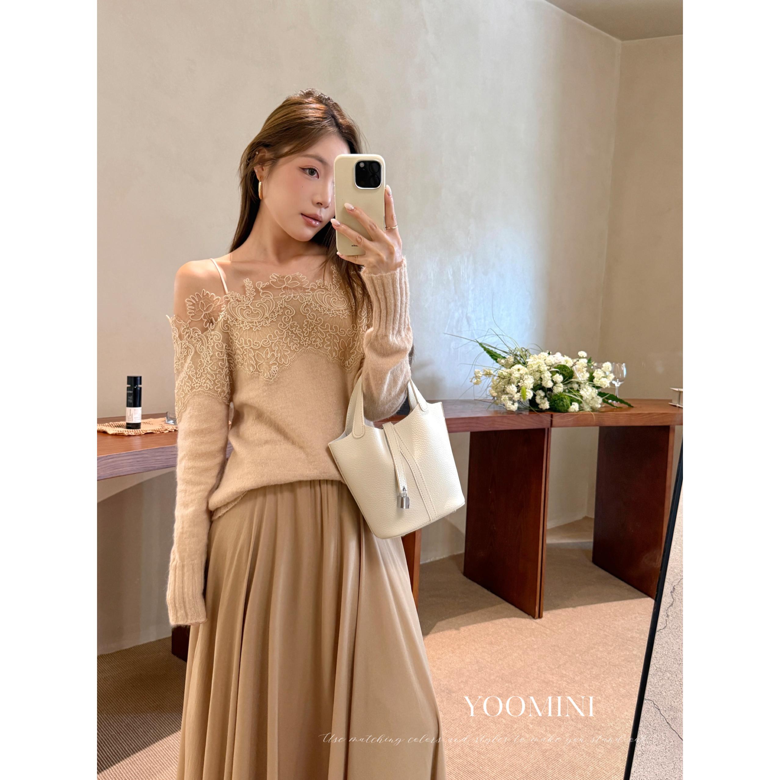 YOOMINI-26早秋新款蕾丝吊带一字领羊毛马海毛针织衫M60700-DSW