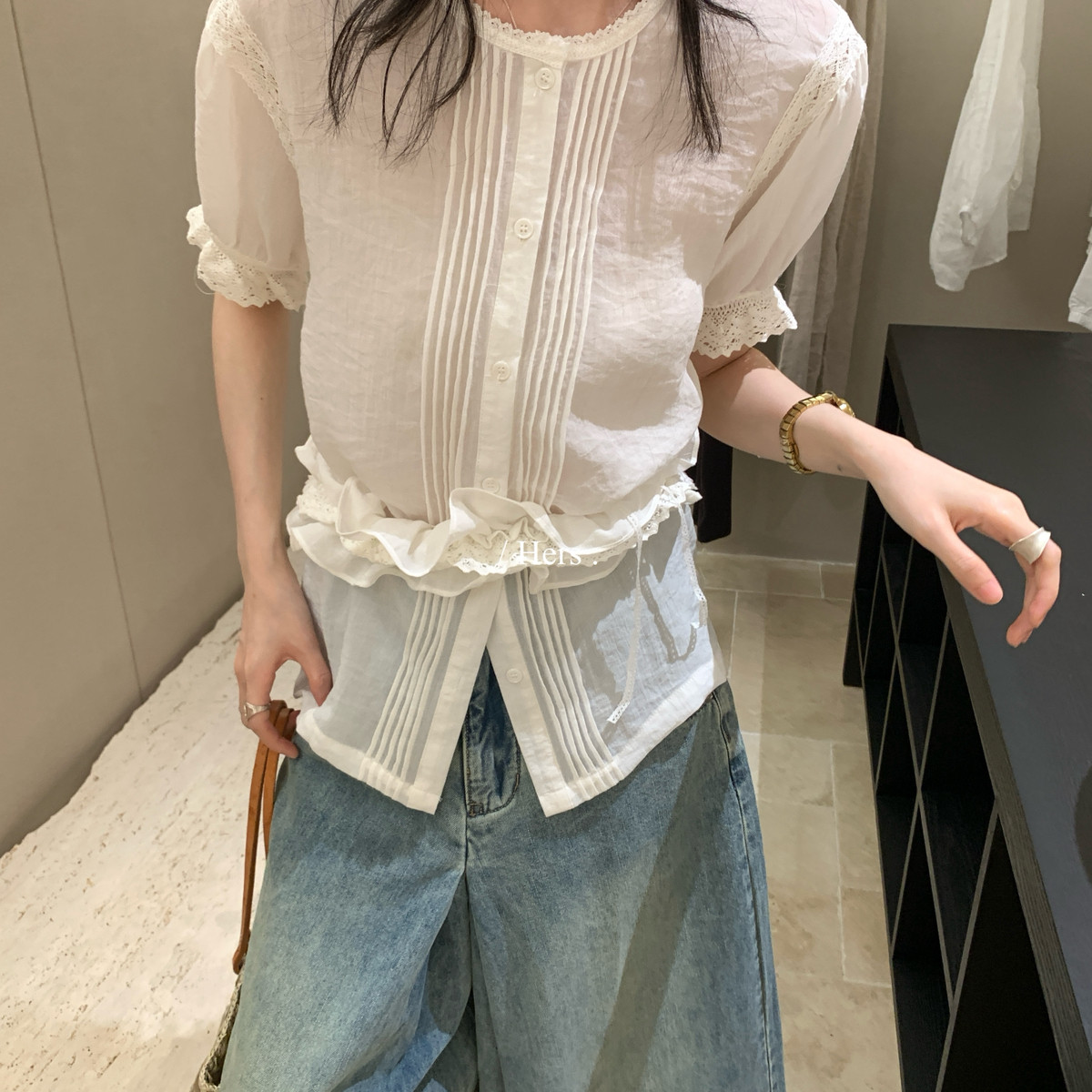 Hers-夏上新可get多种穿法复古设计感小衫(配花花腰带)80369