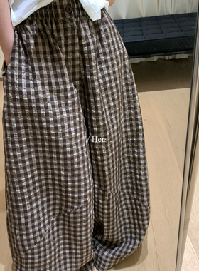 Hers-夏上新简约复古日常肌理感格子气球休闲裤80447