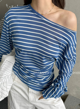 MADEIN OST-26年早春30天丝裸感亲肤可斜肩收腰条纹长袖T恤91182