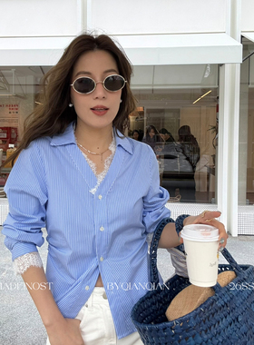 MADEIN OST-26年早春轻法式蕾丝拼接收腰条纹衬衫91265