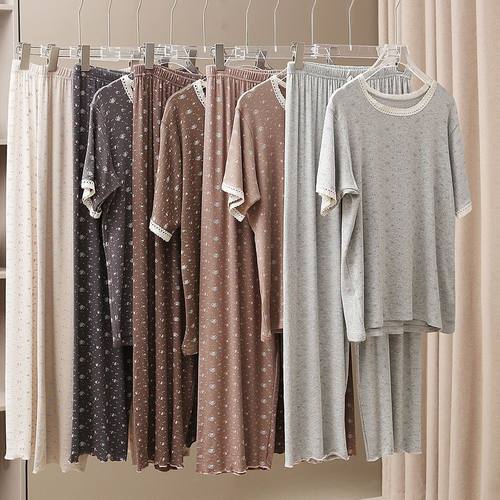 春夏季睡裤女长裤螺纹棉小碎花家居裤宽松弹力大码休闲可外穿薄款