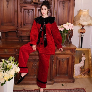 【春节正常发货】新年大红刺绣三层加厚夹棉睡衣冬款复古家居服