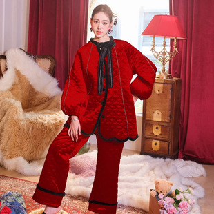 【春节正常发货】新年红水钻三层夹棉加厚睡衣可外穿家居服套装
