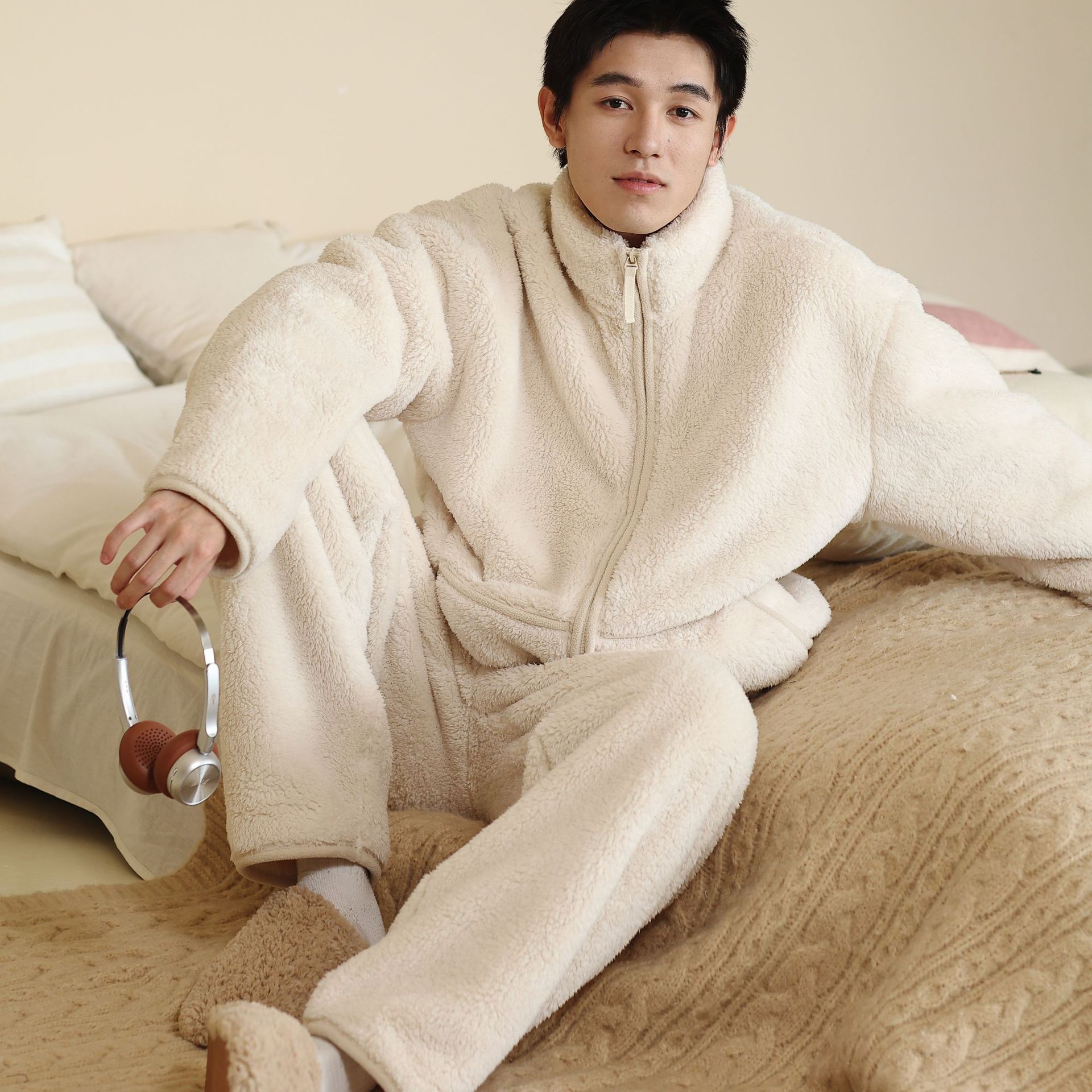 男款冬季暖暖绒2025新款加绒加厚套装秋立领保暖休闲家居服睡衣