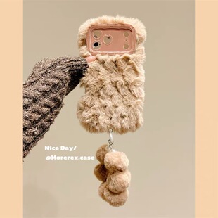 秋冬款毛绒美拉德色系苹果14适用iPhone17promax简约纯色16pro手机壳1+15/13/12/11一加ace6/5pro/3带手提绳