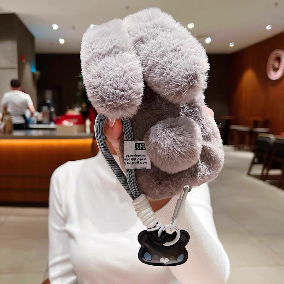 ins秋冬兔子毛绒oppo a6i带手绳女款a5/a3x/A2m手机壳Findx9pro/8s+/7/6毛毛茸茸OPPO Reno14pro/13/12/11/10