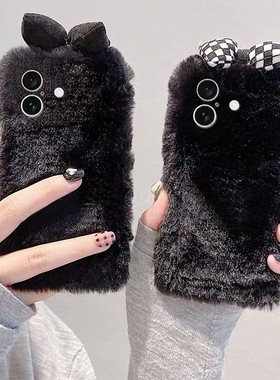 黑色耐脏秋冬款a57毛绒A58x格子a97手机壳V70S软壳V50女生v60S真我NEO7se/gt6/5手机壳Realme14pro+/13/12/11