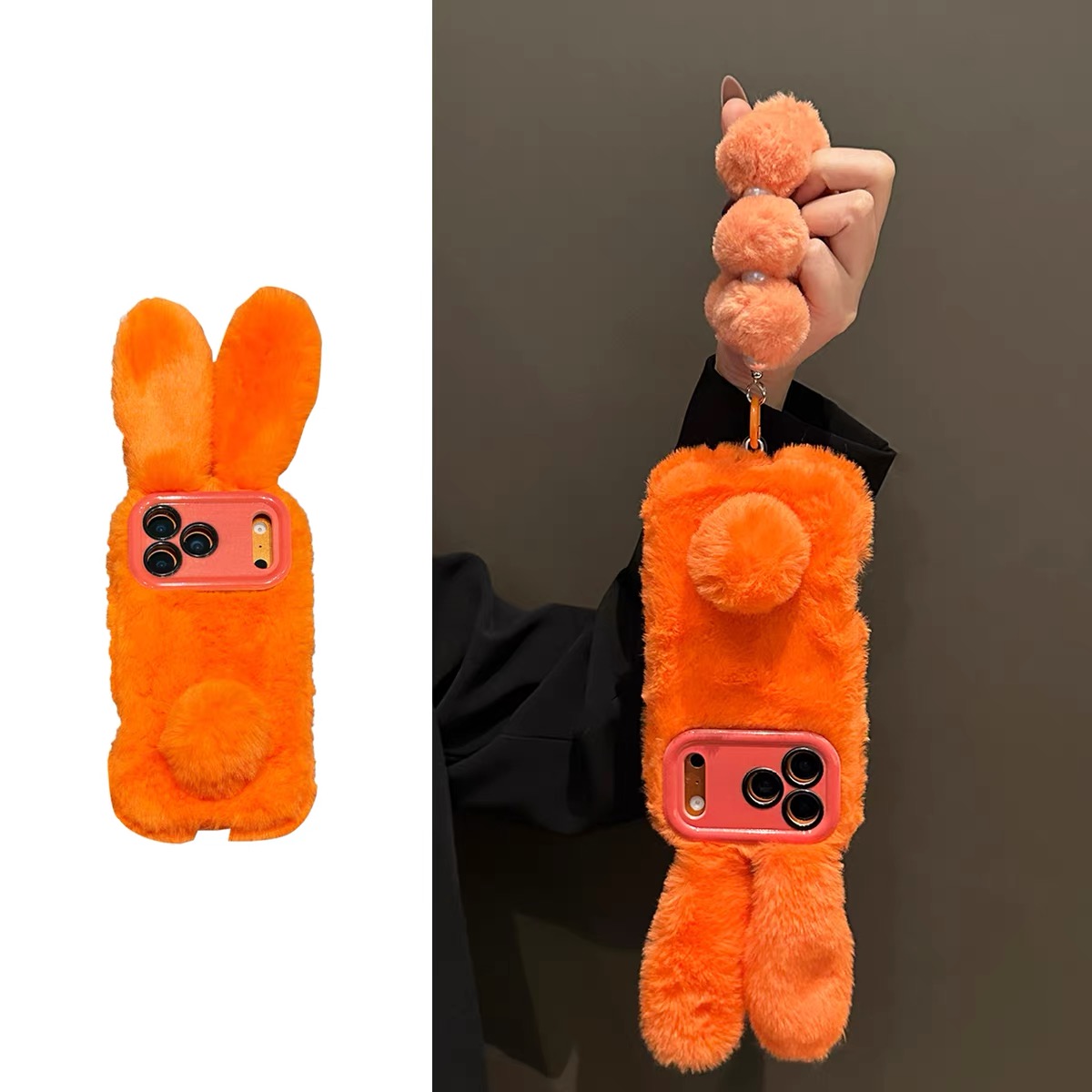 小红书秋冬款保暖手兔子带手绳苹果14适用iPhone17promax可爱16pro手机壳1+15/13/12毛茸茸11一加ace6/5pro/3