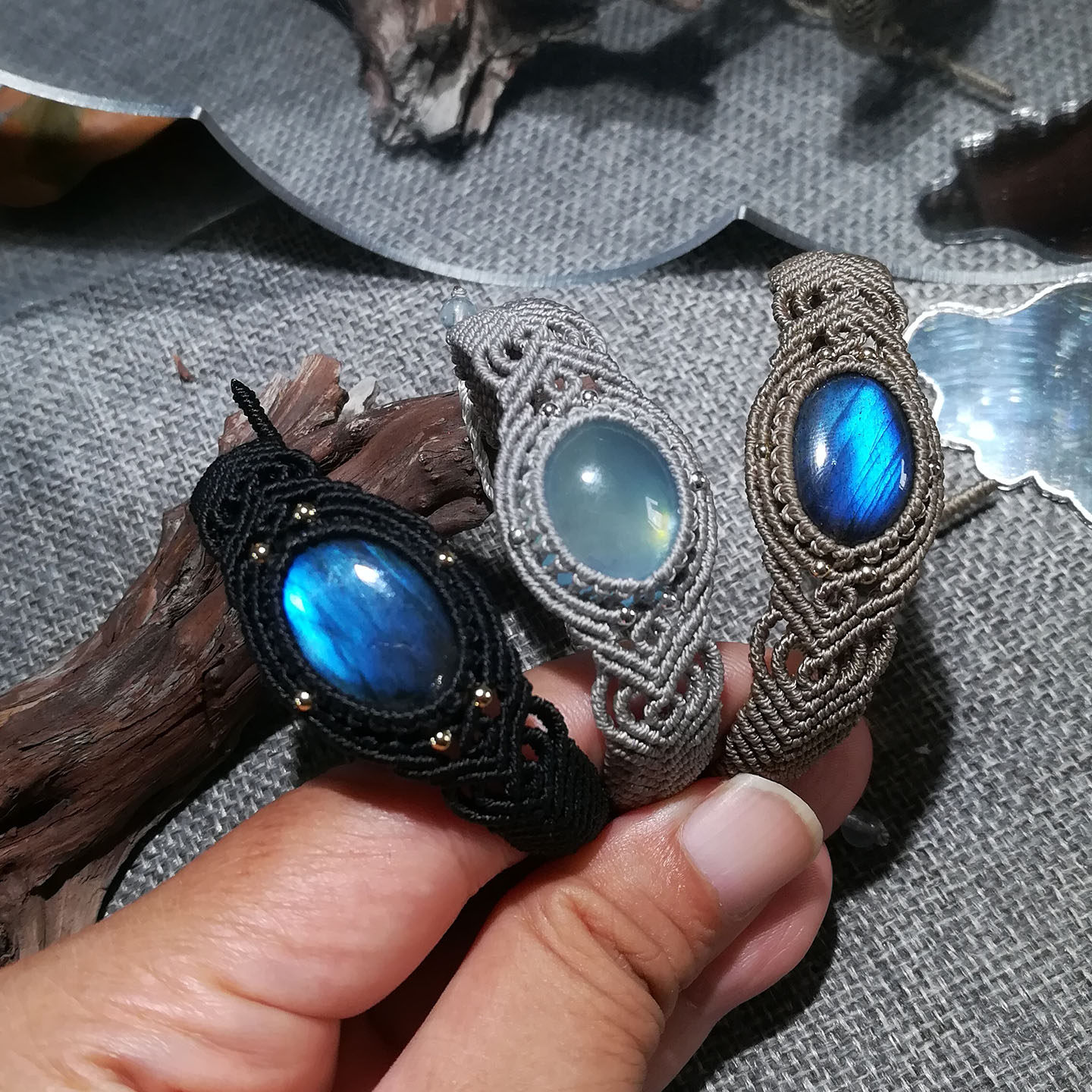 晴天出品手工编织天然海蓝宝金曜石l拉长石手链个性简约风可定制