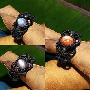 晴天出品手工Macrame编织戒指拉长石月光石太阳石戒指