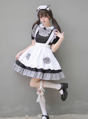 Cosplay日本动漫 新款4件套女仆装可爱公主裙 黑白格蝴蝶结女仆系