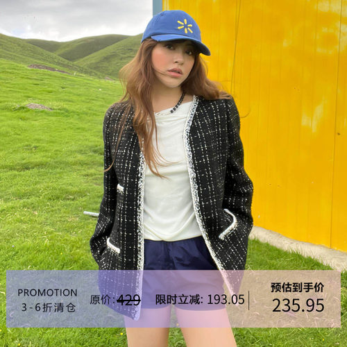 3ts【清仓】春秋高级感黑色法式小香风外套名媛气质短款上衣