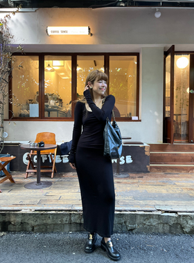 3ts修身包臀连衣裙黑色法式高级感长裙气质吊带裙子