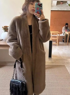 3ts慵懒风仿貂毛皮草秋冬长款宽松V领外套环保毛毛大衣