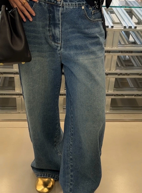 3ts秋冬美式复古水洗蓝色牛仔裤直筒低腰显瘦长裤宽松阔腿裤女