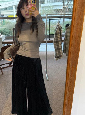 3ts丝绒感下装裤子垂感微喇压褶裤黑色休闲裤宽松长裤