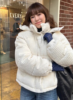 3ts高级感灯芯绒90白鸭绒外套冬季短款连帽宽松羽绒服女