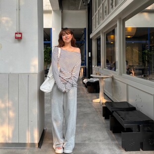 3ts韩版 露肩斜肩型条纹上衣 一字肩t恤宽松慵懒风长袖