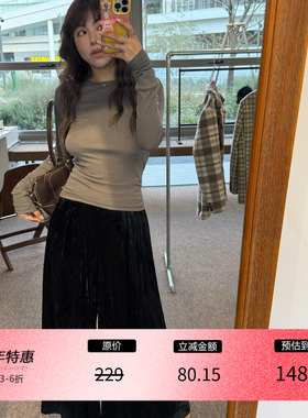 3ts丝绒感下装裤子垂感微喇压褶裤黑色休闲裤宽松长裤