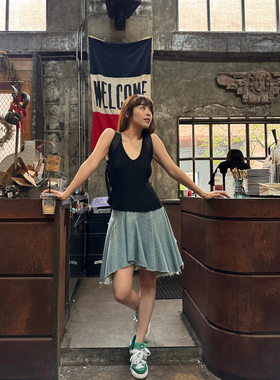 3ts重磅牛仔裙美式复古短裙高腰百褶裙短款裙子A字裙