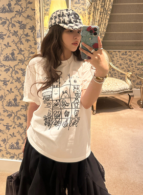 3ts卡通印花纯棉白色t恤夏季圆领正肩短袖宽松简约上衣