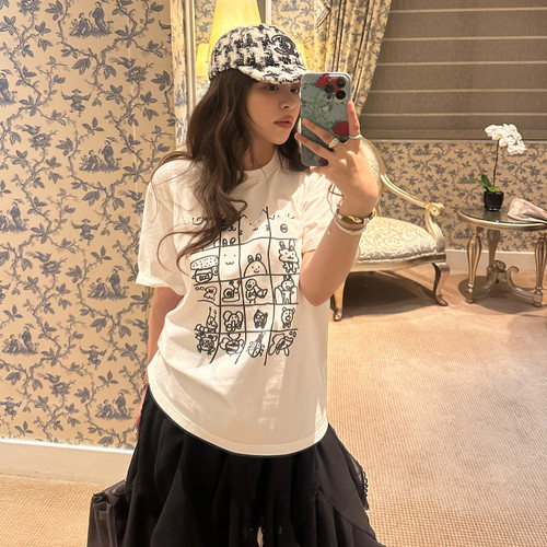 3ts卡通印花纯棉白色t恤夏季圆领正肩短袖宽松简约上衣