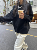 3ts冬季 慵懒风套头宽松复古毛衣落肩设计羊毛上衣