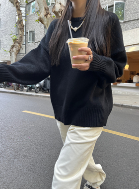 3ts冬季慵懒风套头宽松复古毛衣落肩设计羊毛上衣