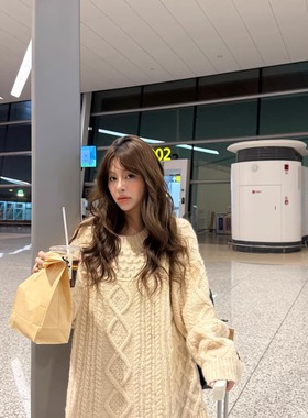 3ts 12/27秋冬绞花毛衣羊毛混纺宽松慵懒针织衫纯色圆领套头毛衣