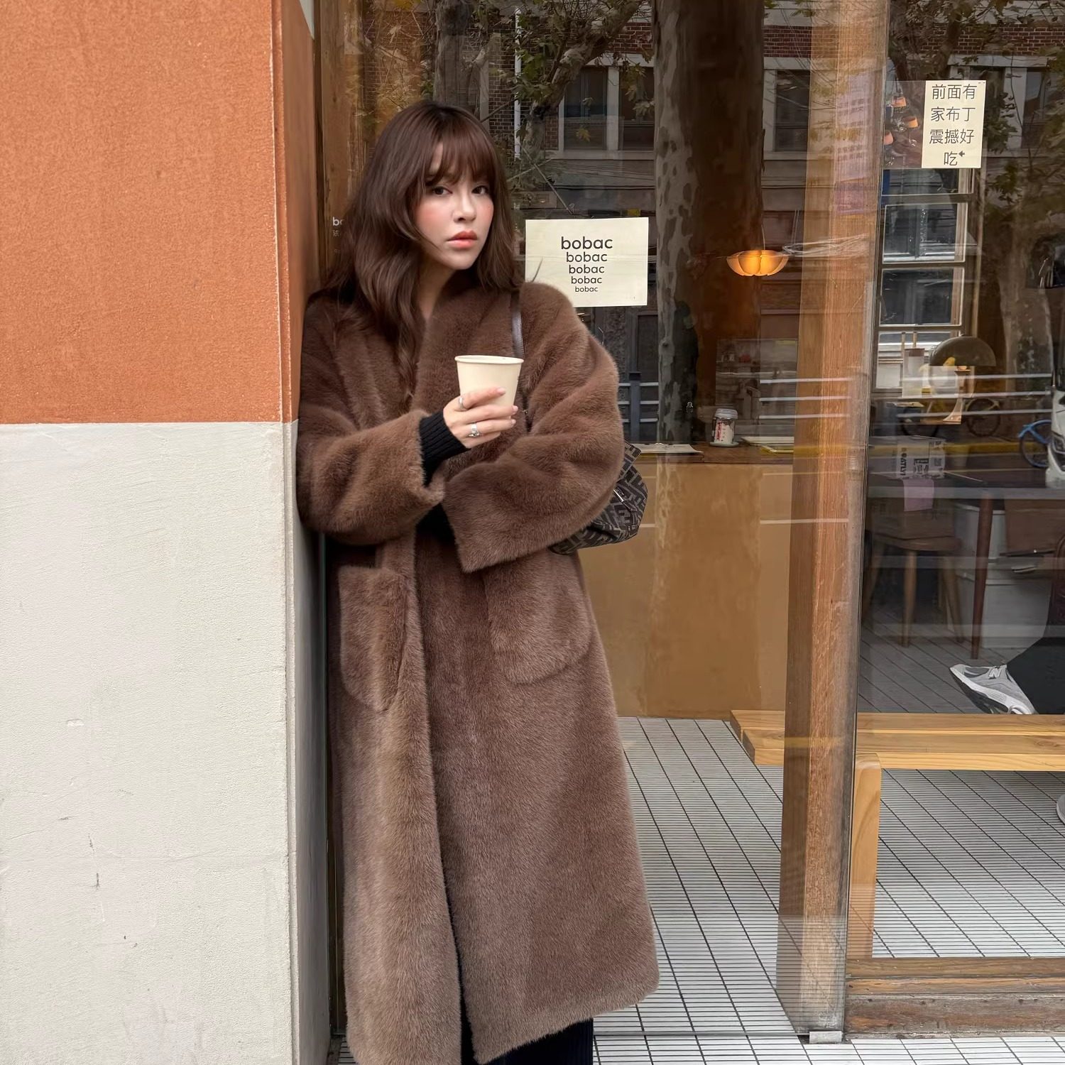3ts 12/27 秋冬法式v领环保毛皮草棕色毛毛大衣中长款仿皮草外套