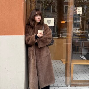 v领环保毛皮草棕色毛毛大衣中长款 3ts 秋冬法式 仿皮草外套