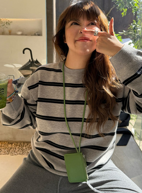 3ts羊毛格雷系毛衣条纹针织衫圆领高级感老钱风上衣