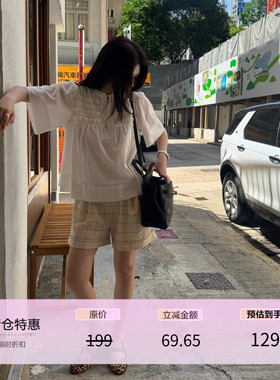 3ts 夏季格子休闲裤薄款宽松bf慵懒风短裤五分裤（回馈）纯棉麻