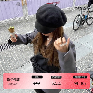 3ts名媛风毛呢皮帽檐羊毛呢贝雷帽