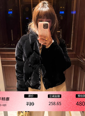 3ts短款黑色丝绒菱格羽绒服秋冬轻薄休闲衔缝外套女