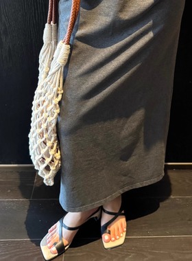 3ts水洗直筒灰色赫本风半身裙女高腰卫衣裙开叉中长裙