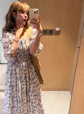 3ts法式连衣裙设计感碎花裙泡泡袖雪纺长裙度假花卉裙子