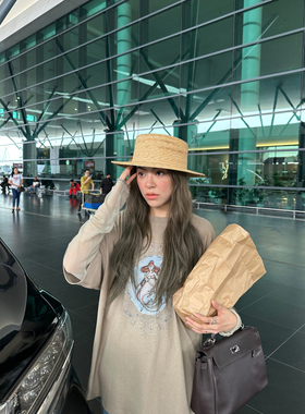 3ts印花假两件网纱拼接T恤美人鱼卡通休闲正肩长袖纯棉上衣打底女