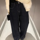 深蓝色宽松阔腿裤 子美式 慵懒加绒弯刀裤 3ts丹宁蓝原色薄绒牛仔裤