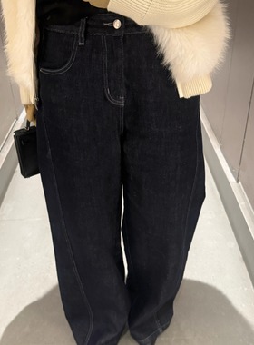 3ts丹宁蓝原色薄绒牛仔裤慵懒加绒弯刀裤子美式深蓝色宽松阔腿裤
