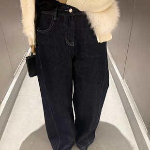 深蓝色宽松阔腿裤 子美式 慵懒加绒弯刀裤 3ts丹宁蓝原色薄绒牛仔裤