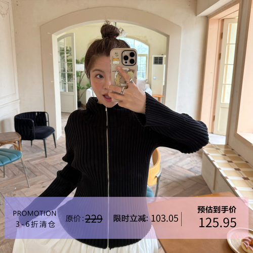 3ts春季棉质连帽拉链针织开衫