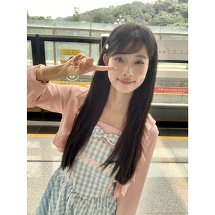 Mew实拍现货 蝴蝶结蓬蓬短裙 甜美风蓝色格纹吊带连衣裙女夏季 新款