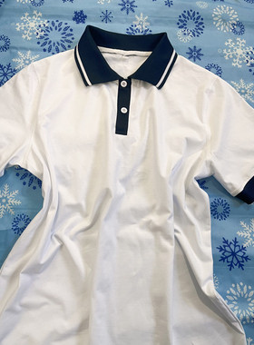 可定制中小学校服  夏季纯棉半袖深蓝色领子 白色半袖夏季休闲衫