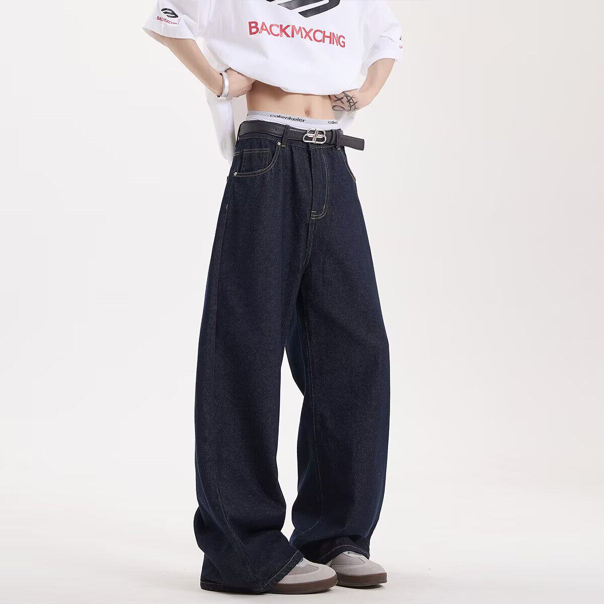 春季美式水洗牛仔裤男高街潮牌宽松直筒阔腿长裤系皮带款男生裤子