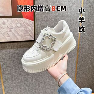 韩版休闲板鞋女2025新款春秋厚底增高水钻魔术贴一脚蹬百搭小白鞋