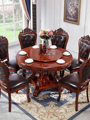 轻奢欧式餐桌椅组合大理石圆形餐桌小户型客厅家用美式实木圆饭桌